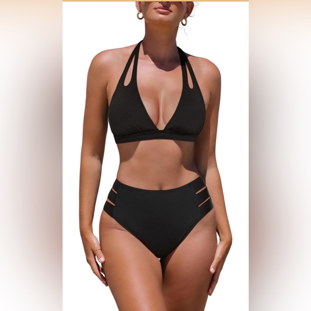 Popvil High-Waist Halter Bikini Set - Black